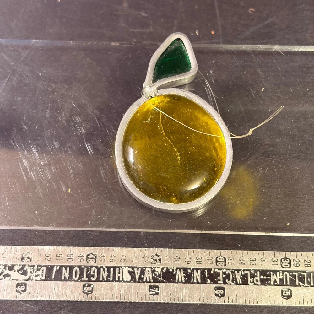 Handmade Stained Glass Yellow Fruit Suncatcher Ornament Green Leaf Accent